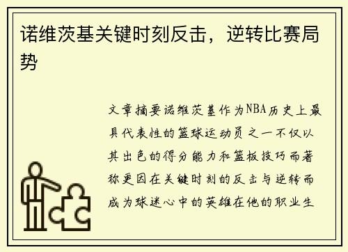 诺维茨基关键时刻反击,逆转比赛局势